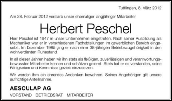 Anzeige von Herbert Peschel von Schwäbische Zeitung