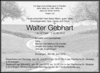 Anzeige von Walter Gebhart von Schwäbische Zeitung