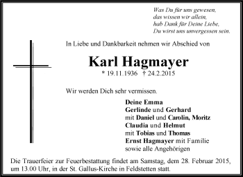 Anzeige von Karl Hagmayer von Schwäbische Zeitung