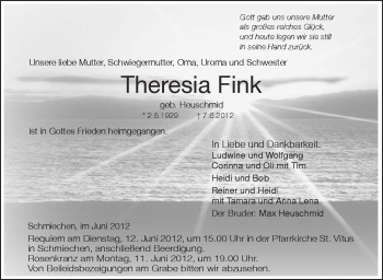 Anzeige von Theresia Fink von Schwäbische Zeitung