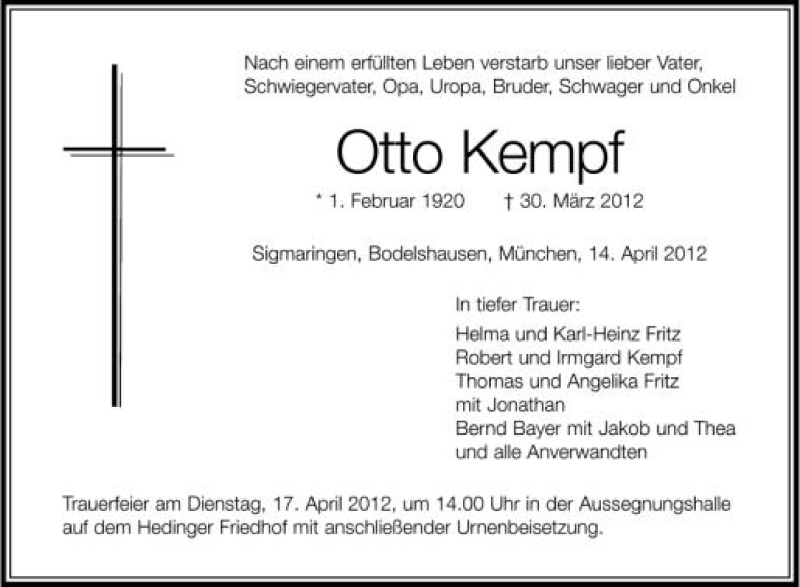 Traueranzeige für Otto Kempf vom 14.04.2012 aus Schwäbische Zeitung