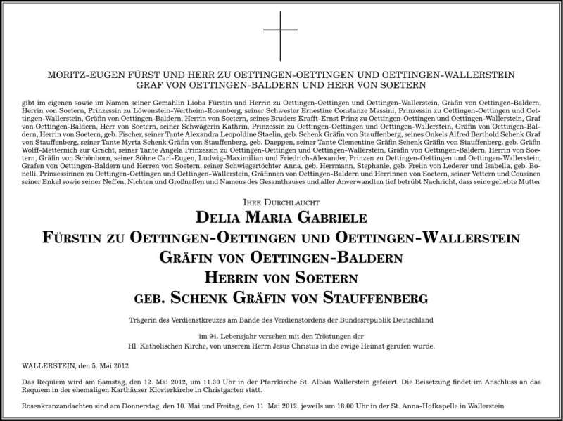  Traueranzeige für Moritz-Eugen Fürst und Herr zu Oettingen-Oettingen und Oettingen-Wallerstein vom 08.05.2012 aus Schwäbische Zeitung