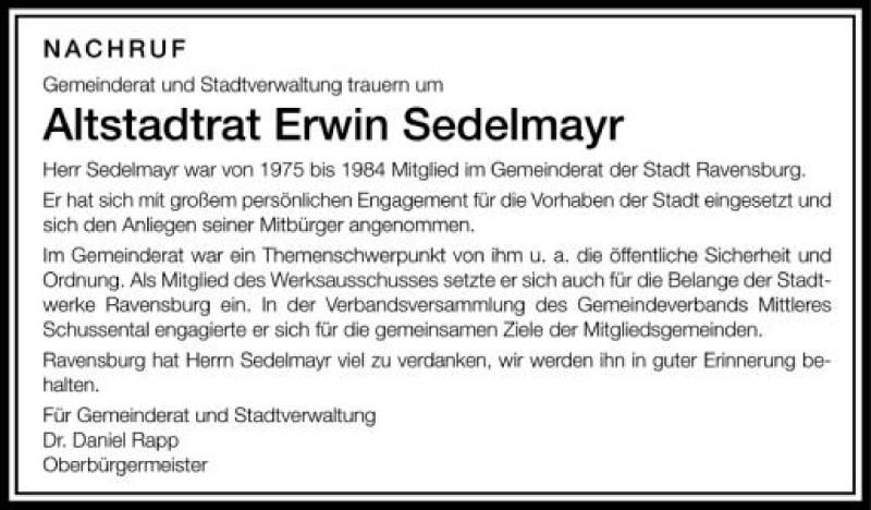  Traueranzeige für Erwin Sedelmayr vom 07.09.2012 aus Schwäbische Zeitung