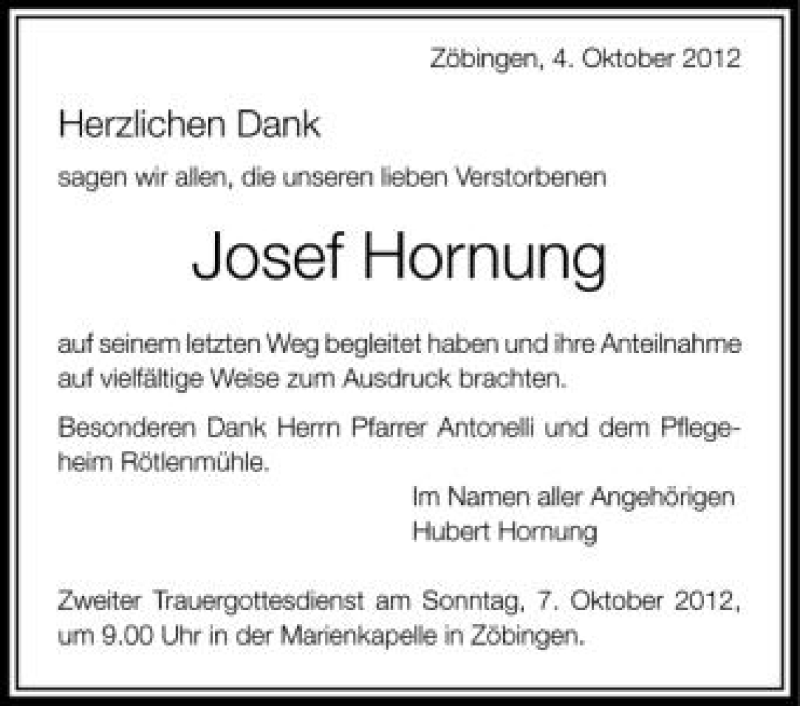  Traueranzeige für Josef Hornung vom 04.10.2012 aus Schwäbische Zeitung