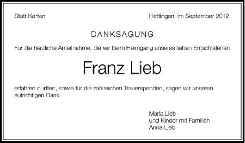 Traueranzeige für Franz Lieb vom 14.09.2012 aus Schwäbische Zeitung