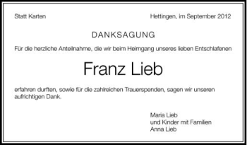 Anzeige von Franz Lieb von Schwäbische Zeitung