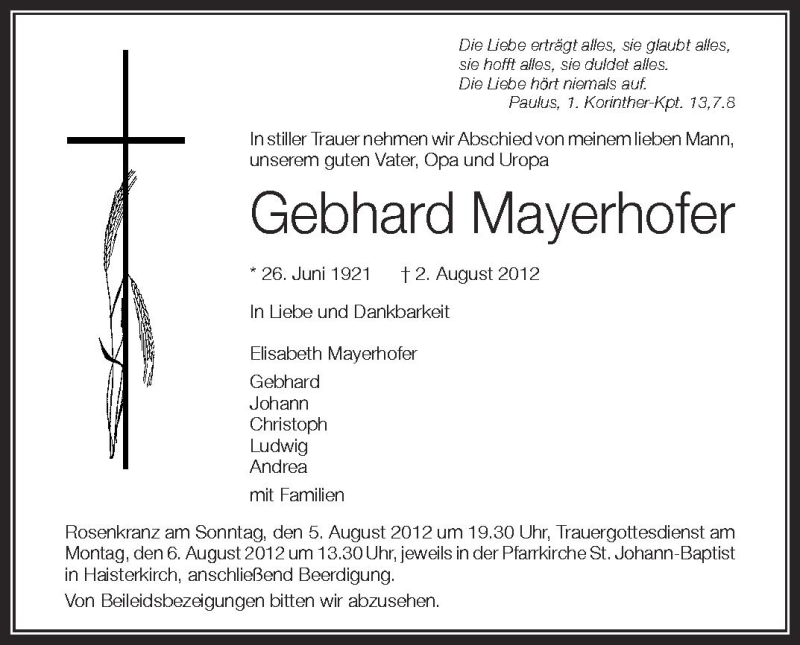  Traueranzeige für Gebhard Mayerhofer vom 03.08.2012 aus Schwäbische Zeitung