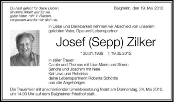 Anzeige von Josef Zilker von Schwäbische Zeitung