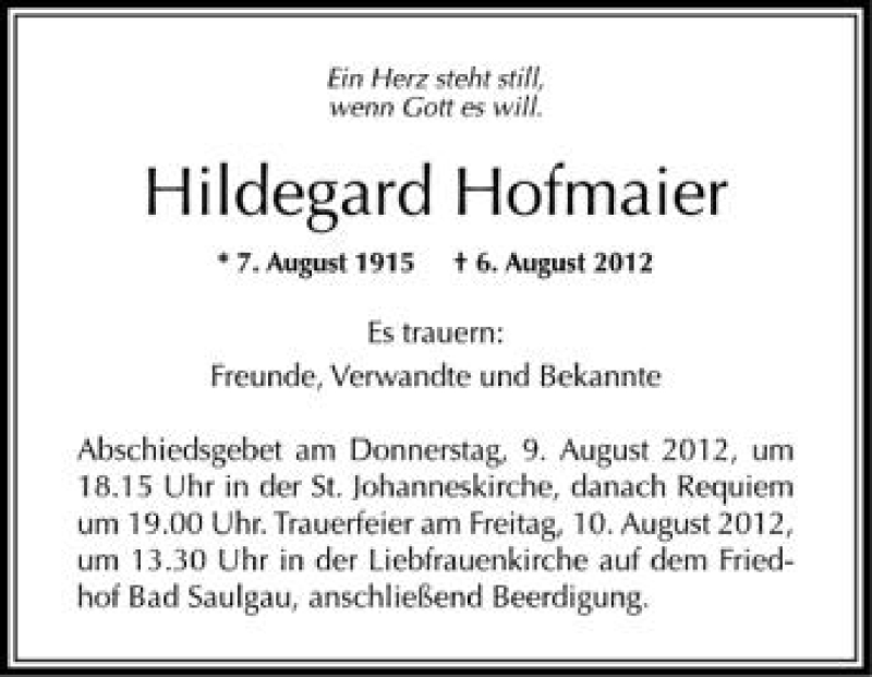  Traueranzeige für Hildegard Hofmaier vom 09.08.2012 aus Schwäbische Zeitung