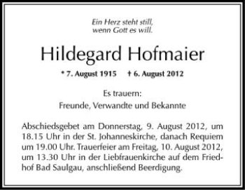 Anzeige von Hildegard Hofmaier von Schwäbische Zeitung