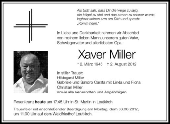 Anzeige von Xaver Miller von Schwäbische Zeitung