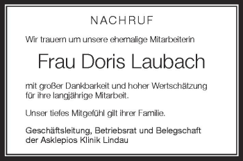 Anzeige von Doris Laubach von Schwäbische Zeitung