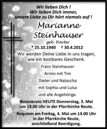 Anzeige von Marianne Steinhäuser von Schwäbische Zeitung