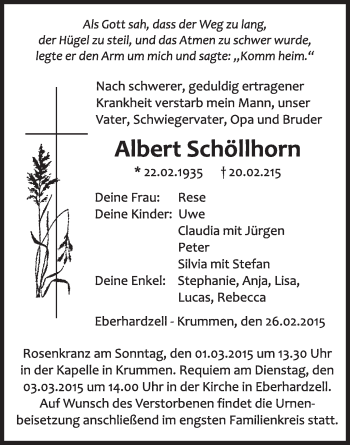 Anzeige von Albert Schöllhorn von Schwäbische Zeitung