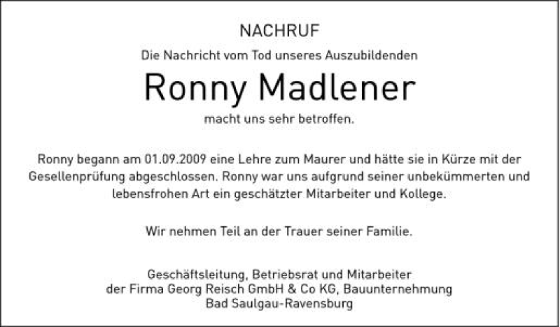  Traueranzeige für Ronny Madlener vom 06.06.2012 aus Schwäbische Zeitung