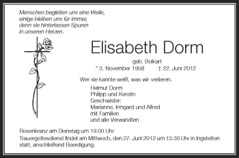 Anzeige von Elisabeth Dorm von Schwäbische Zeitung