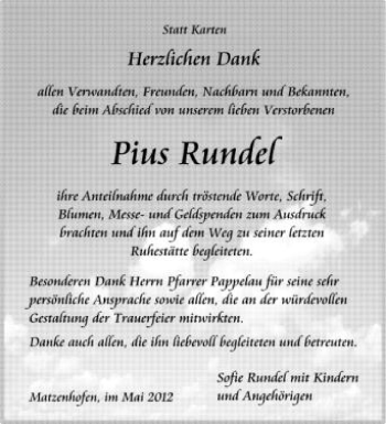 Anzeige von Pius Rundel von Schwäbische Zeitung