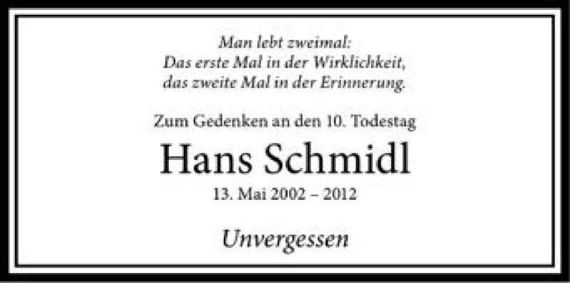  Traueranzeige für Hans Schmidl vom 12.05.2012 aus Schwäbische Zeitung