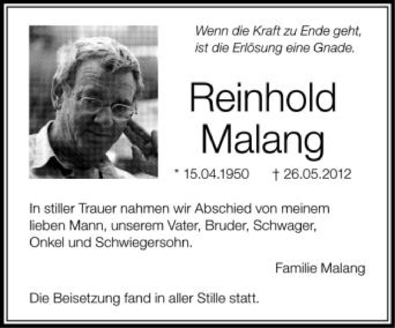  Traueranzeige für Reinhold Malang vom 02.06.2012 aus Schwäbische Zeitung