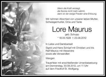 Anzeige von Lore Maurus von Schwäbische Zeitung