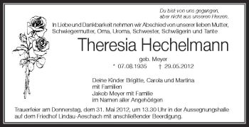 Anzeige von Theresia Hechelmann von Schwäbische Zeitung
