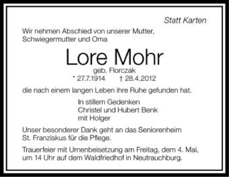  Traueranzeige für Lore Mohr vom 03.05.2012 aus Schwäbische Zeitung