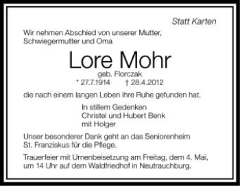 Anzeige von Lore Mohr von Schwäbische Zeitung