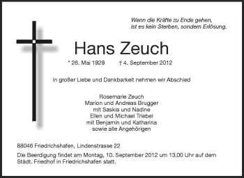 Anzeige von Hans Zeuch von Schwäbische Zeitung