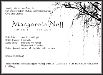 Anzeige von Margarete Neff von Schwäbische Zeitung