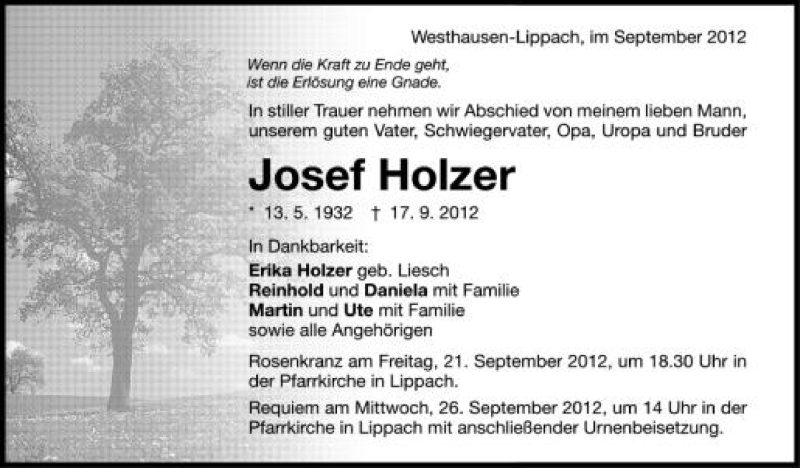  Traueranzeige für Josef Holzer vom 20.09.2012 aus Schwäbische Zeitung