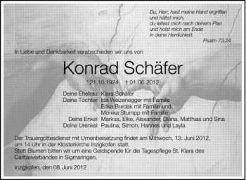Anzeige von Konrad Schäfer von Schwäbische Zeitung