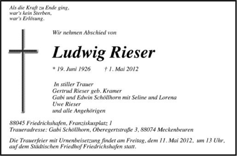  Traueranzeige für Ludwig Rieser vom 08.05.2012 aus Schwäbische Zeitung