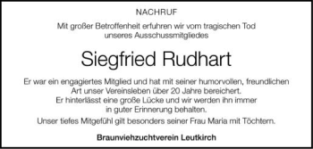 Anzeige von Siegfried Rudhart von Schwäbische Zeitung
