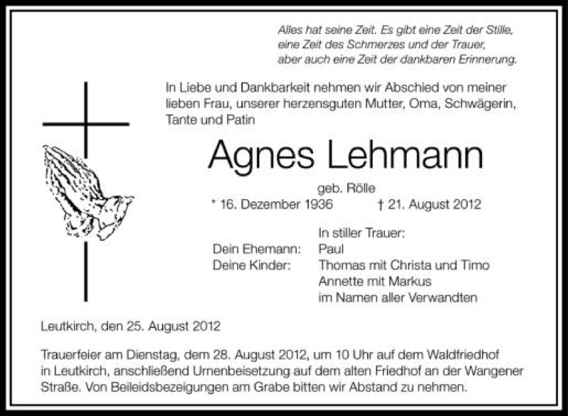 Traueranzeige für Agnes Lehmann vom 25.08.2012 aus Schwäbische Zeitung