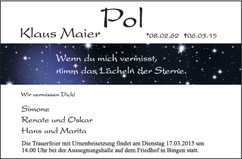 Anzeige von Klaus Maier von Schwäbische Zeitung