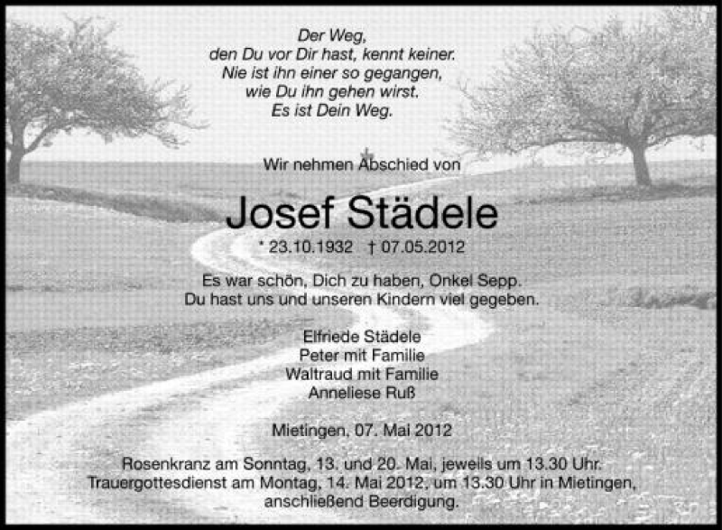  Traueranzeige für Josef Städele vom 12.05.2012 aus Schwäbische Zeitung
