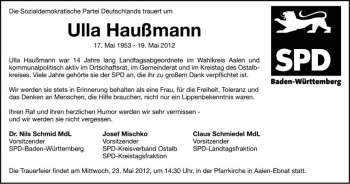 Anzeige von Ulla Haußmann von Schwäbische Zeitung