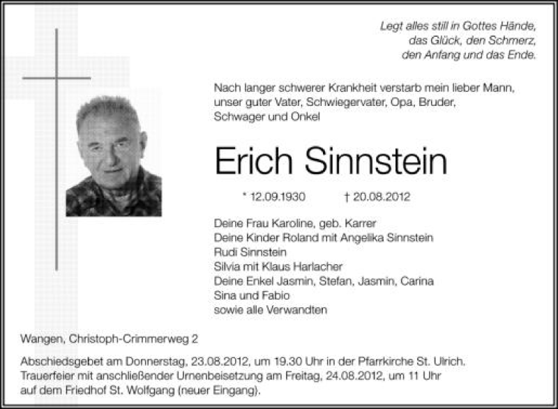  Traueranzeige für Erich Sinnstein vom 22.08.2012 aus Schwäbische Zeitung