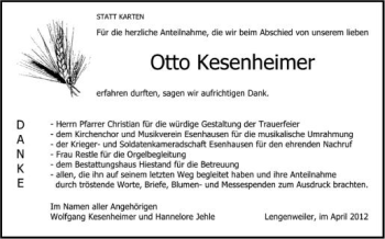 Anzeige von Otto Kesenheimer von Schwäbische Zeitung