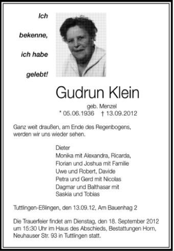 Anzeige von Gudrun Klein von Schwäbische Zeitung