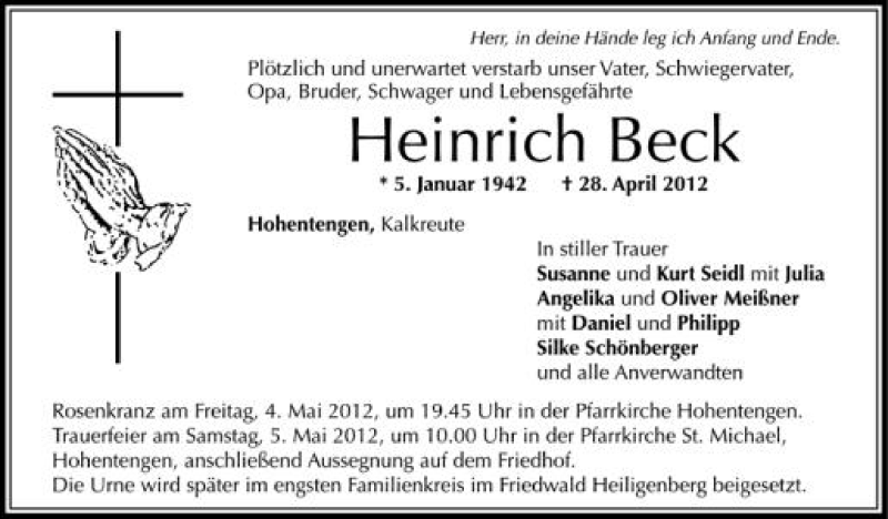  Traueranzeige für Heinrich Beck vom 03.05.2012 aus Schwäbische Zeitung