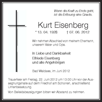 Anzeige von Kurt Eisenberg von Schwäbische Zeitung