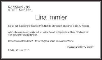 Anzeige von Lina Immler von Schwäbische Zeitung