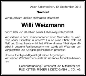 Anzeige von Willi Weizmann von Schwäbische Zeitung