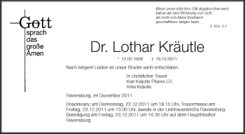 Anzeige von Lothar Kräutle von Schwäbische Zeitung