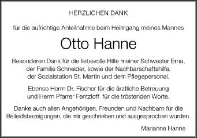  Traueranzeige für Otto Hanne vom 14.09.2012 aus Schwäbische Zeitung
