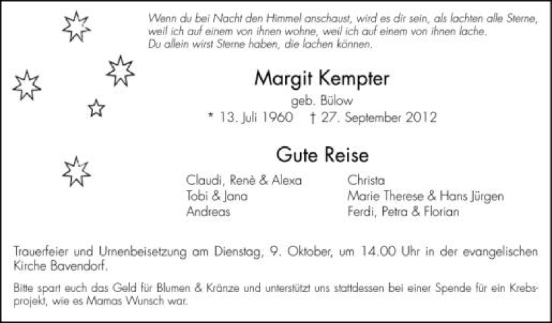  Traueranzeige für Margit Kempter vom 06.10.2012 aus Schwäbische Zeitung