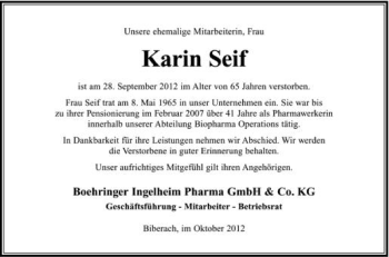 Anzeige von Karin Seif von Schwäbische Zeitung