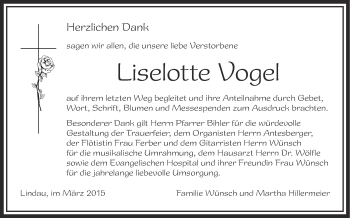 Anzeige von Liselotte Vogel von Schwäbische Zeitung