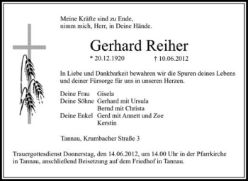 Anzeige von Gerhard Reiher von Schwäbische Zeitung